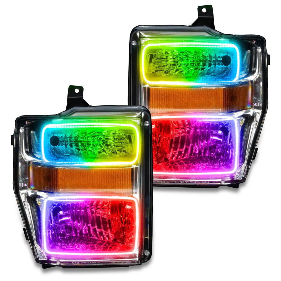 Ford Super Duty headlights with ColorSHIFT LED halo rings.