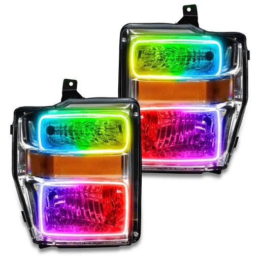 Ford Super Duty headlights with ColorSHIFT LED halo rings.