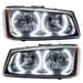 Chevrolet Silverado headlights with white LED halo rings.