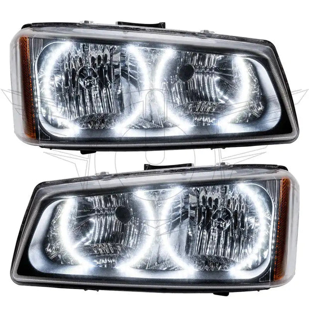 Chevrolet Silverado headlights with white LED halo rings.