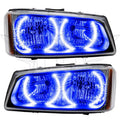 Chevrolet Silverado headlights with blue LED halo rings.