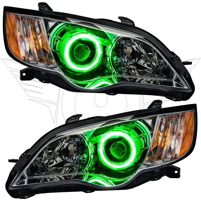Subaru Legacy headlights with green halos.