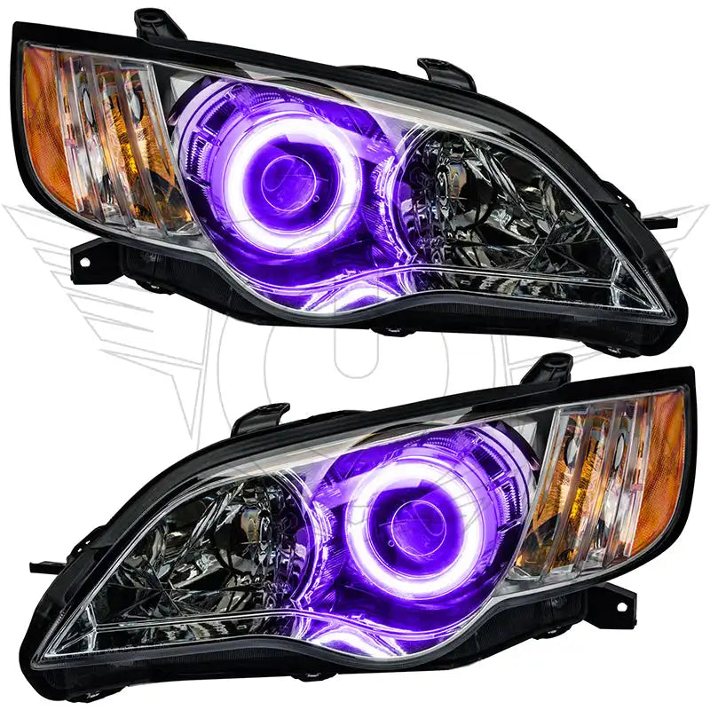 Subaru Legacy headlights with purple halos.