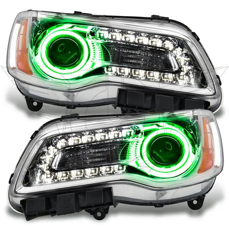 2011-2014 Chrysler 300C NON HID Pre-Assembled Halo Headlights - Chrome Housing with green halo rings.