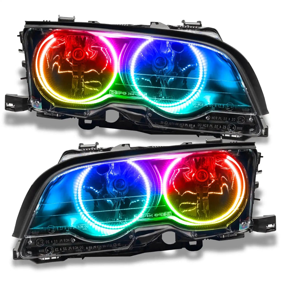 BMW 3 Series headlights with ColorSHIFT LED halo rings.
