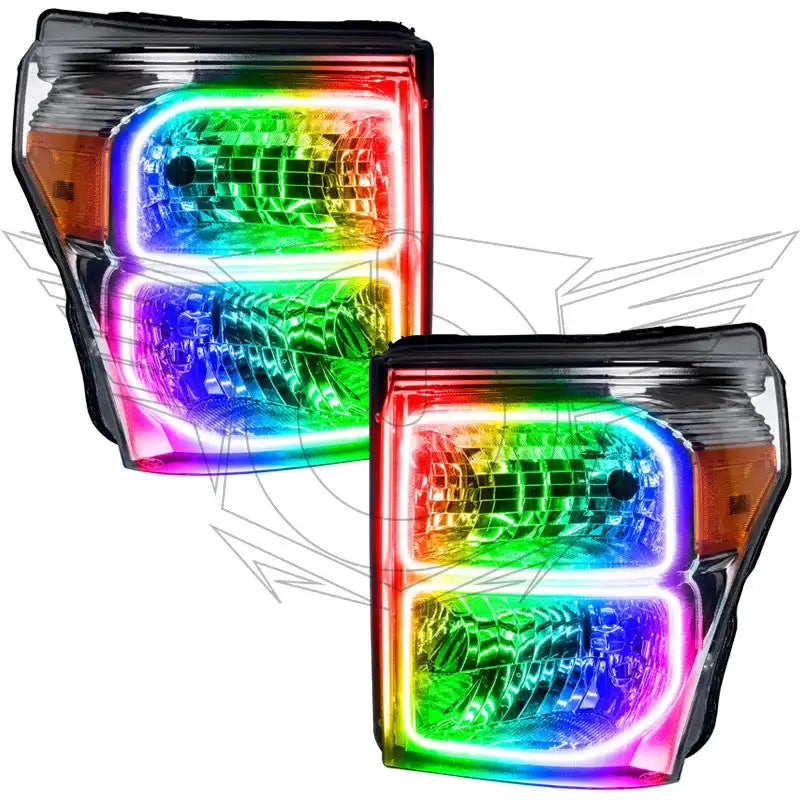 Ford Super Duty headlights with ColorSHIFT LED halo rings.