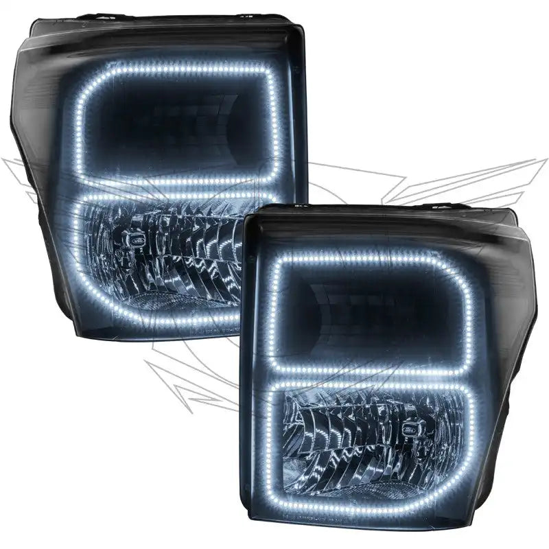Ford Super Duty headlights with white LED halo rings.