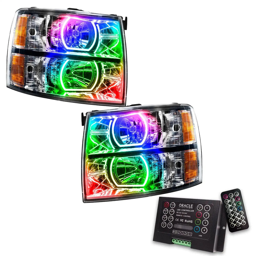 2007-2013 Chevrolet Silverado Pre-Assembled LED Square Style Halo Headlights - (Chrome Housing) with 2.0 Controller.