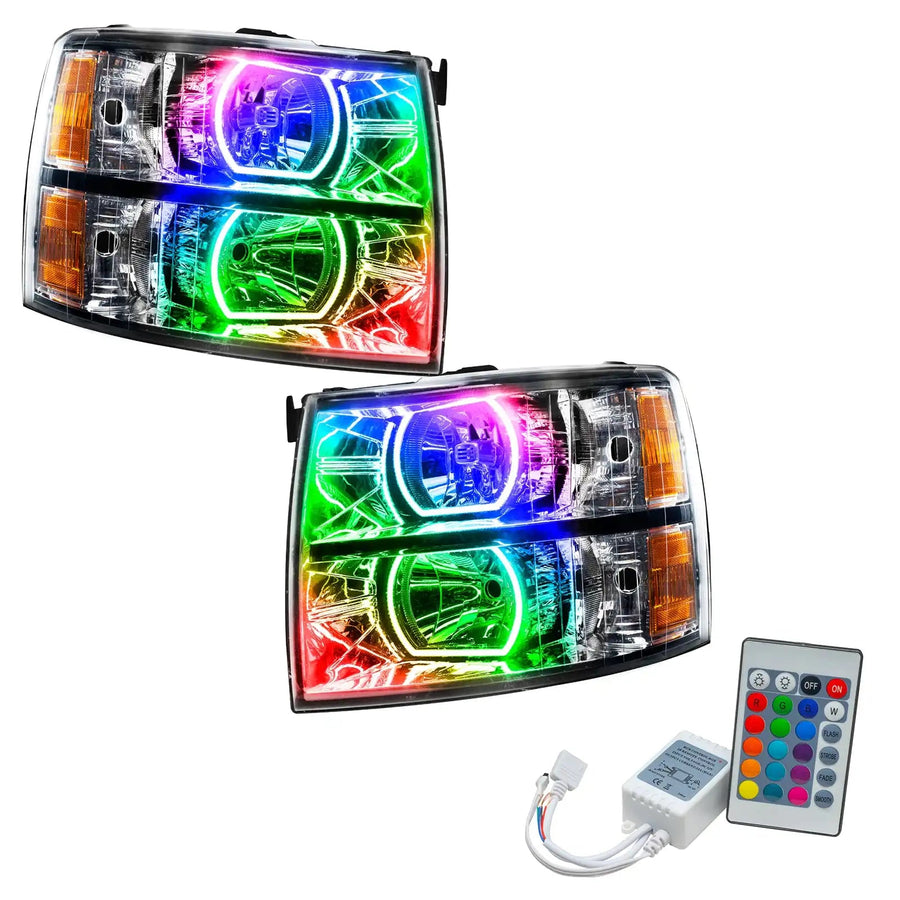 2007-2013 Chevrolet Silverado Pre-Assembled LED Square Style Halo Headlights - (Chrome Housing) with Simple Controller.