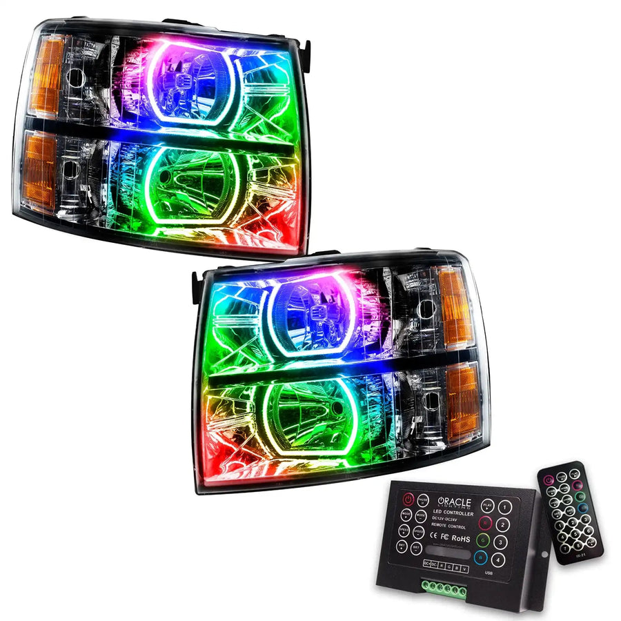 2007-2013 Chevrolet Silverado Pre-Assembled LED Square Style Halo Headlights - (Black Housing) with 2.0 Controller.