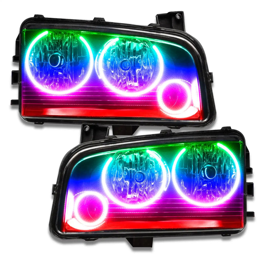 2005-2010 Dodge Charger Pre-Assembled Headlights - Non HID - Triple Halo with rainbow halos.