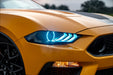 Close-up of a Ford Mustang headlight with white LEDs.