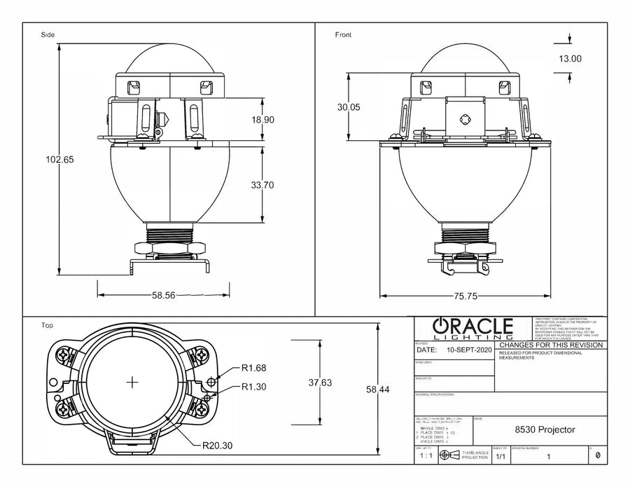 Retrofit Projector diagram with measurements.