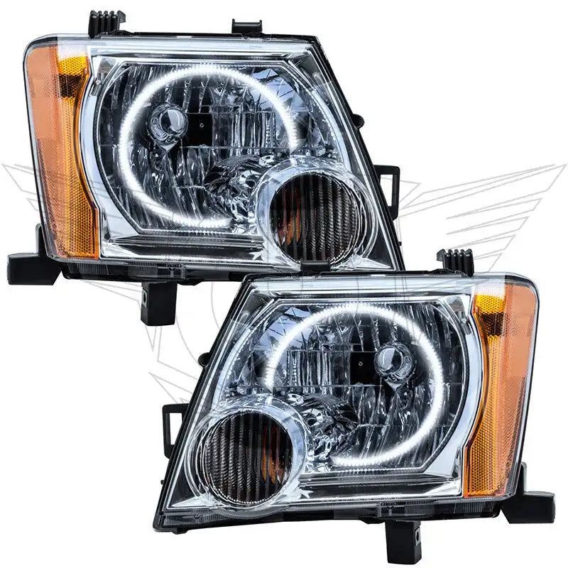 2005-2014 Nissan Xterra Pre-Assembled LED Halo Headlights with white LED halo rings.