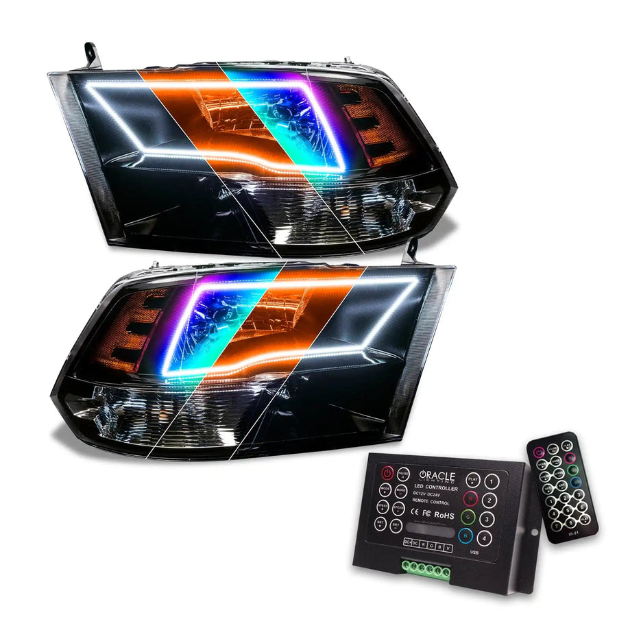 2009-2018 RAM ColorSHIFT Switchback Quad Pre-Assembled Halo Headlights - Black Housing with 2.0 Controller.