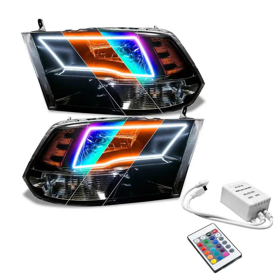 2009-2018 RAM ColorSHIFT Switchback Quad Pre-Assembled Halo Headlights - Black Housing with Simple Controller.