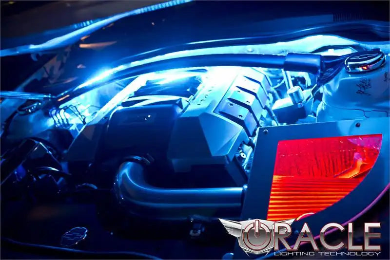 Engine bay with white LED lighting.