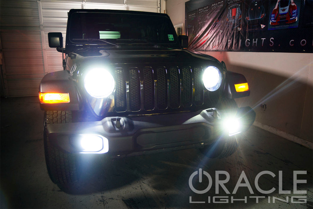 Jeep in garage with bright LED headlights
