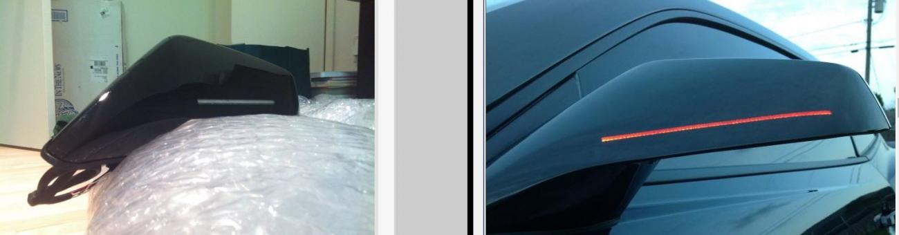 Close-up of Concept Side Mirrors installed on a Chevrolet Camaro.