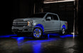 Grey Ford F-150 with blue wheel rings and rock lights.