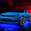 Blue Camaro with blue LED underglow.
