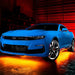 Blue Camaro with amber LED underglow.