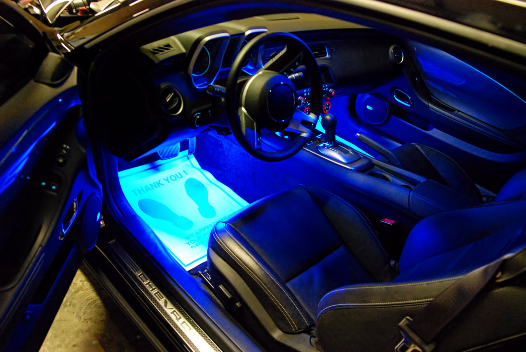 Camaro interior with blue LED footwell lighting