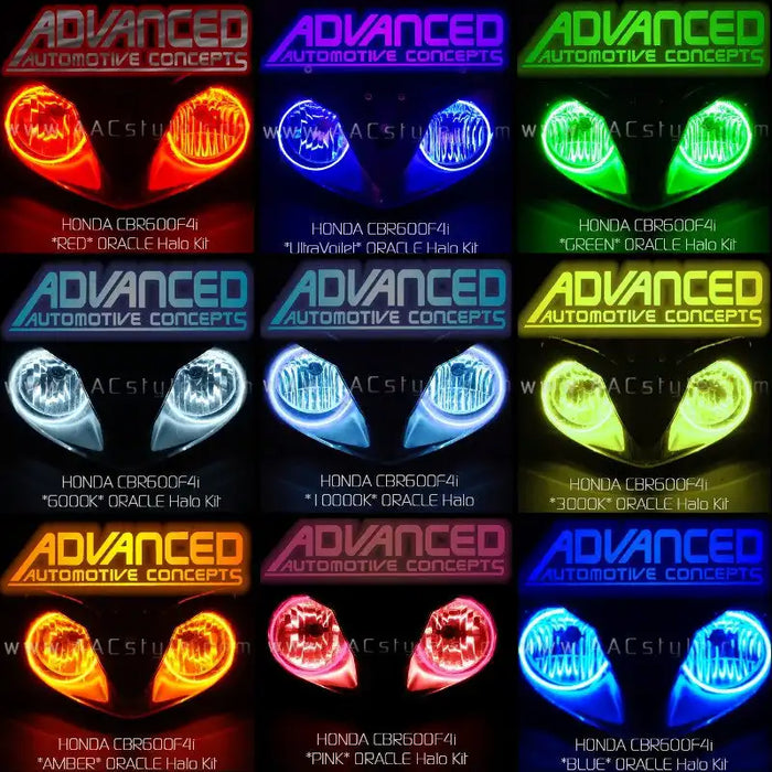Grid view of Honda CBR600F4i headlights showing different color LED halo rings.
