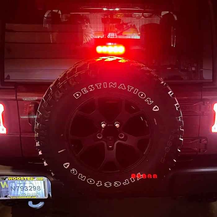 Rear end of a Jeep Wrangler with "Smoked Lens" LED Third Brake Light installed.