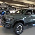 A grey RAM TRX with LED Off-Road Side Mirror Ditch Lights installed.