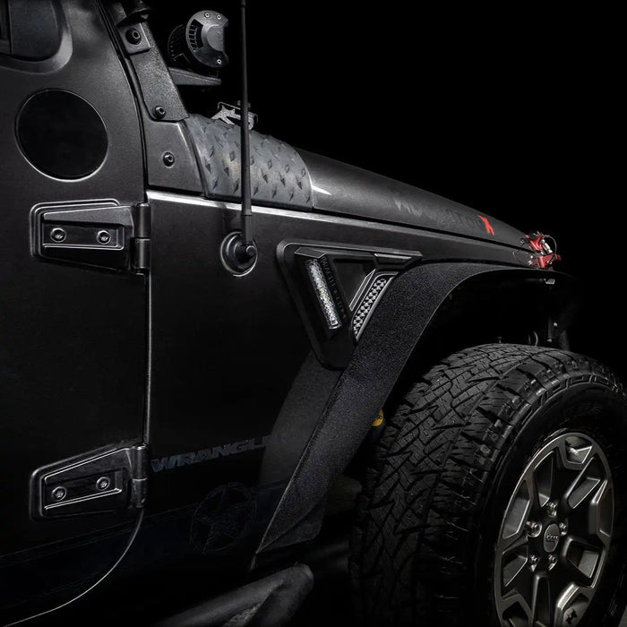 Close-up of Sidetrack™ LED Fender Lighting System installed on a Jeep Wrangler JK.