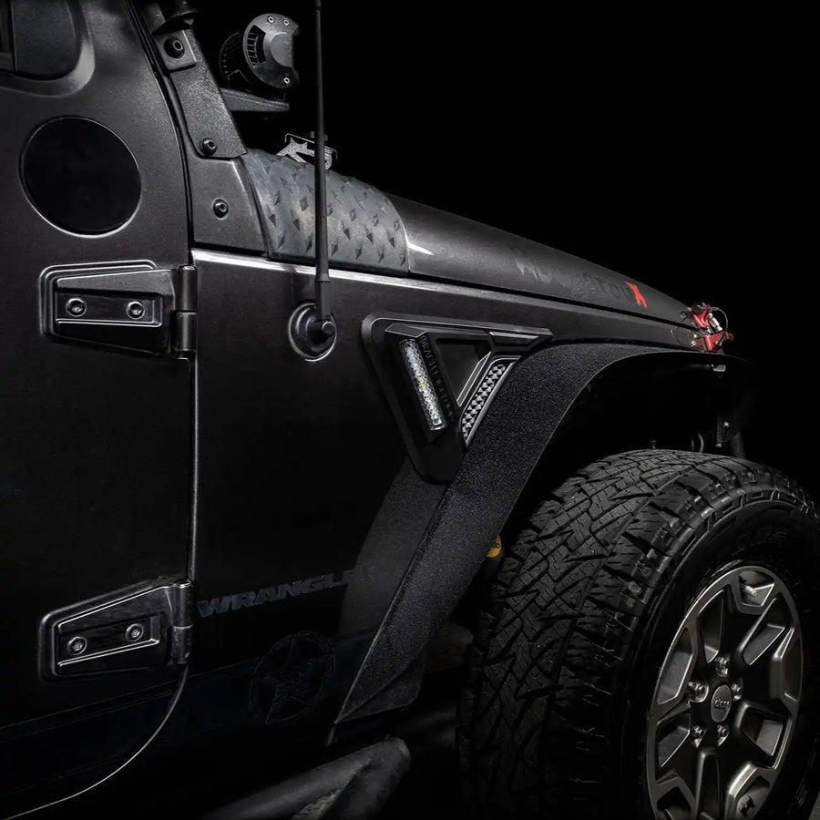 Close-up of Sidetrack™ LED Fender Lighting System installed on a Jeep Wrangler JK.