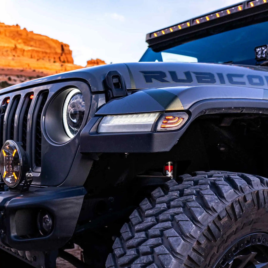 Close-up of "Smoked Lens" LED Front Sidemarkers installed on a Jeep Gladiator JT.