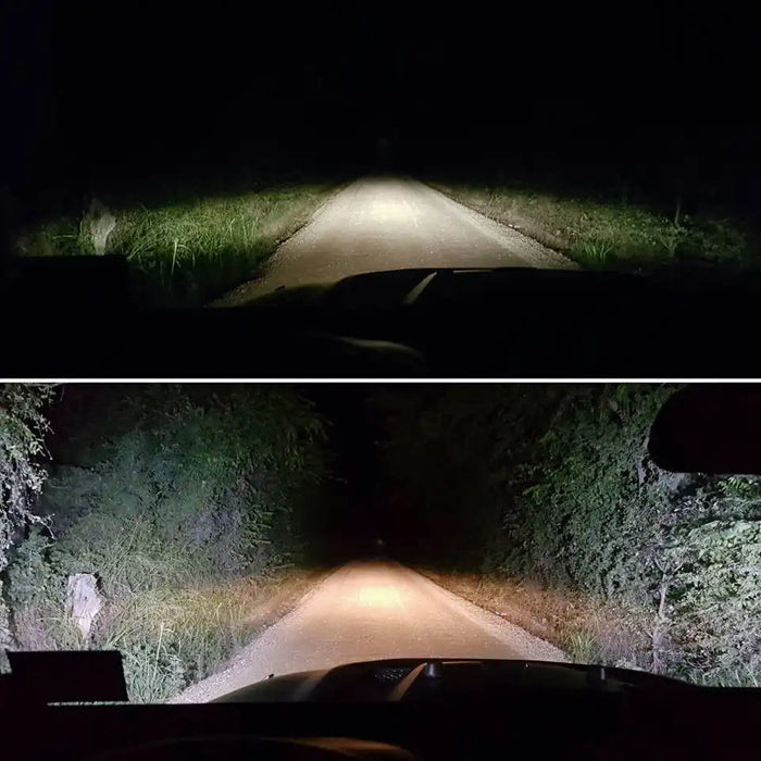 Side by side comparison of drivers view with off-road side mirrors on versus off.