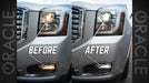 Side by side comparison of factory headlights versus brighter LED headlights