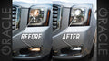 Side by side comparison of dim factory bulbs versus brighter LED bulbs.