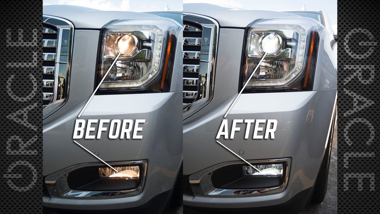 Side by side comparison of dim factory bulbs compared to brighter LED bulbs.