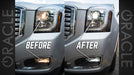 Before and after showing dimmer factory bulbs compared to brighter ORACLE LED bulbs