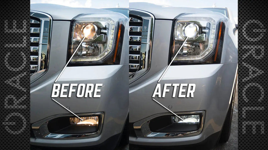 Side by side comparison of dim factory bulbs versus brighter ORACLE LED Bulbs