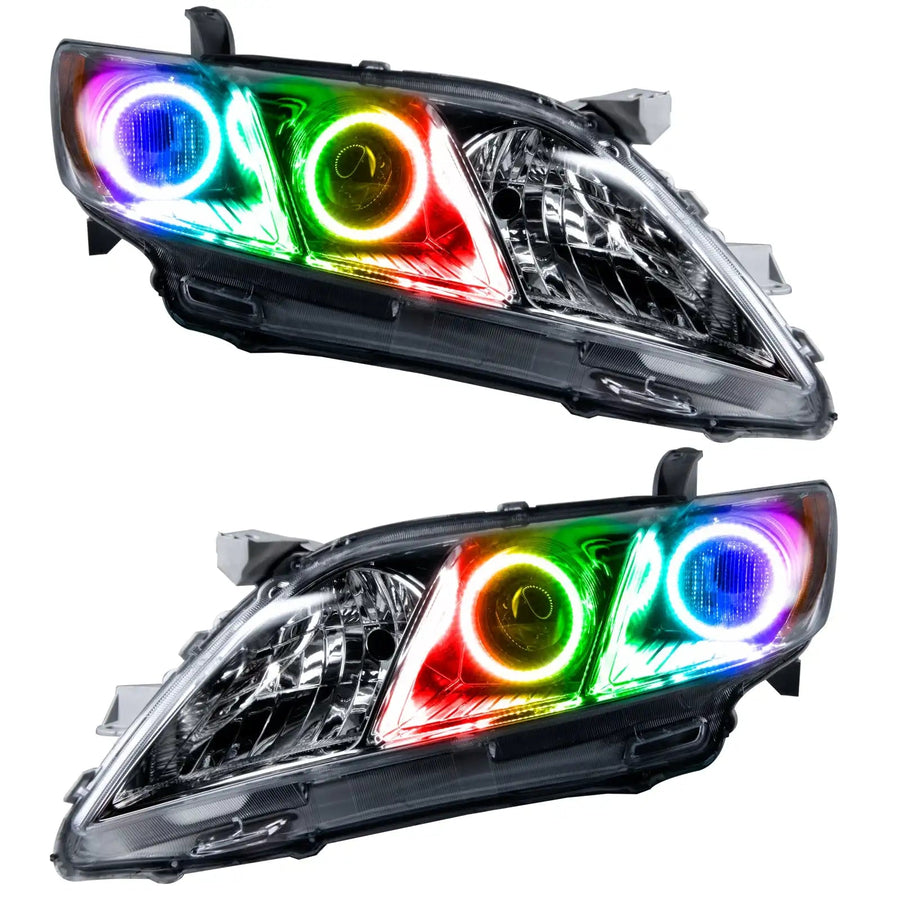 2007-2009 Toyota Camry Pre-Assembled Halo Headlights with ColorSHIFT LED halo rings.
