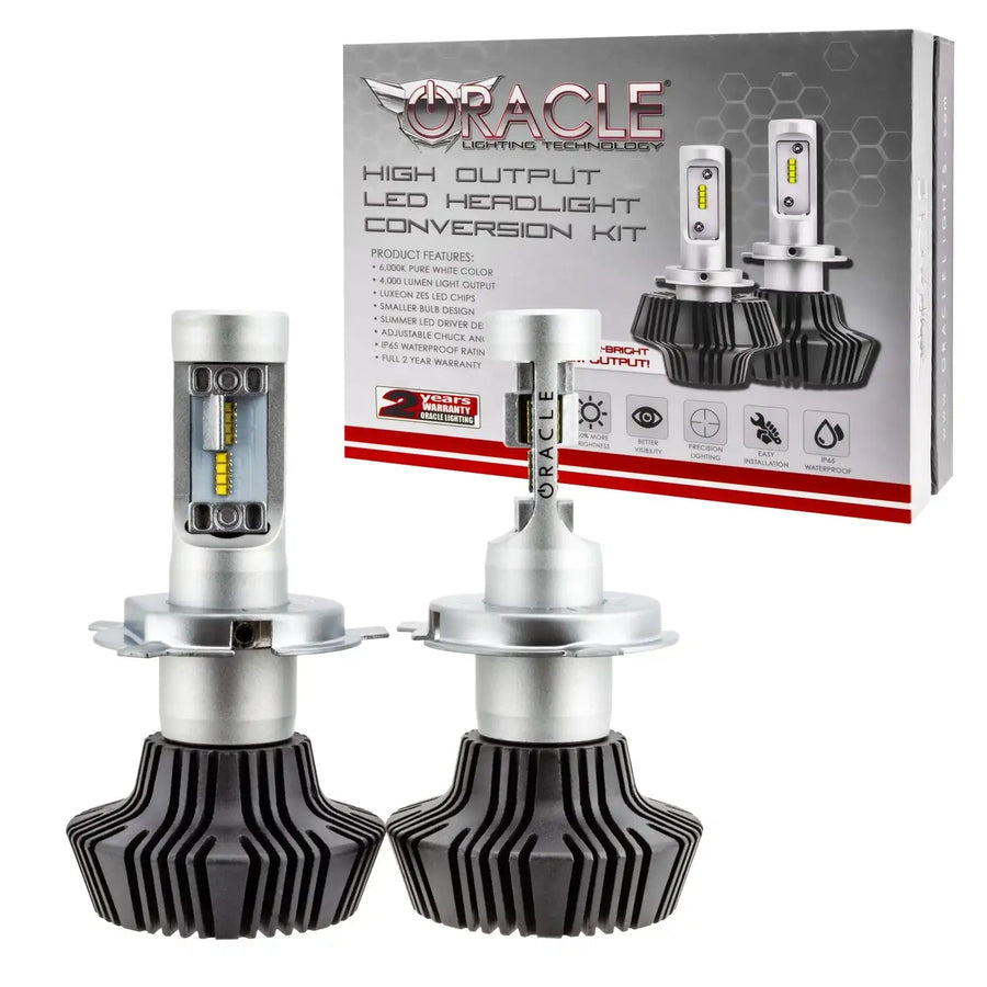 H4 4,000+ Lm LED bulbs with retail packaging