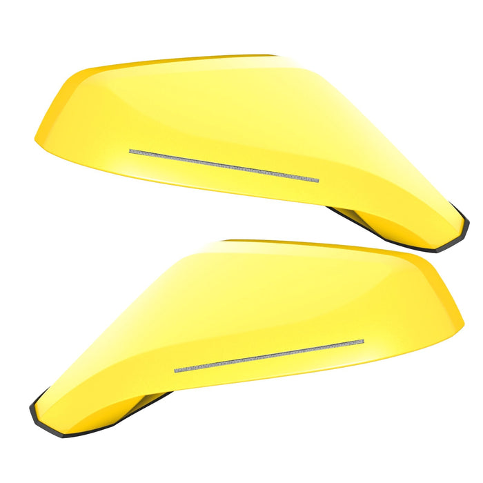 2010-2015 Chevrolet Camaro Concept Side Mirrors with bright yellow paint and clear lenses.