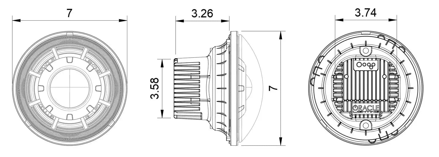 Diagram of 7" Oculus Headlights showing front, side, and rear view with measurements.