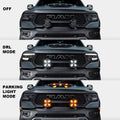 Three views of the 7" Multifunction LED Spotlight installed on a TRX, showing the spotlight turned off, DRL mode, and parking light mode.