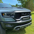 Front end of a RAM TRX with Front Bumper Flush LED Light Bar System installed with white LEDs