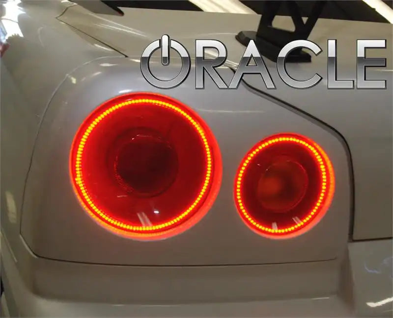 Close-up on the rear end of a Nissan Skyline with LED Tail Light Halo Rings installed.