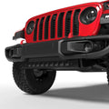 Rendering of a red Jeep Wrangler with LED Integrated Skid Plate installed, with yellow LEDs.