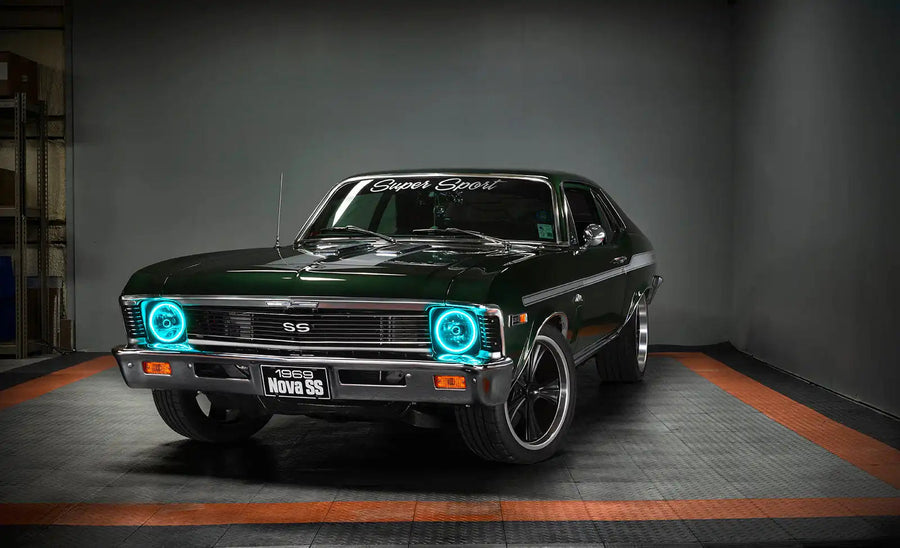 SS Nova with Pre-Installed 7" H6024/PAR56 Sealed Beam Halo installed, and aqua halos on.