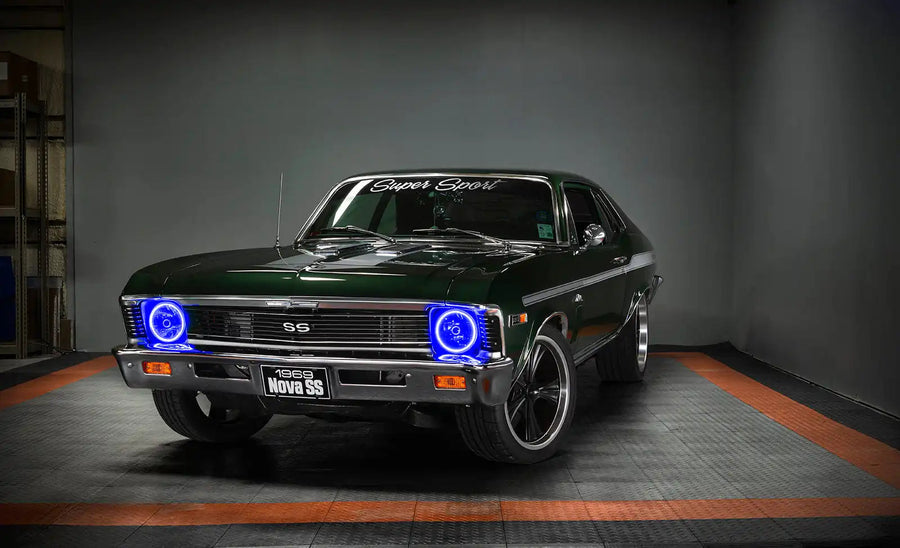 SS Nova with Pre-Installed 7" H6024/PAR56 Sealed Beam Halo installed, and blue halos on.