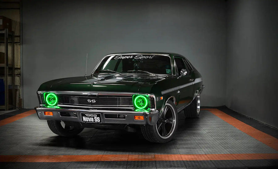 SS Nova with Pre-Installed 7" H6024/PAR56 Sealed Beam Halo installed, and green halos on.
